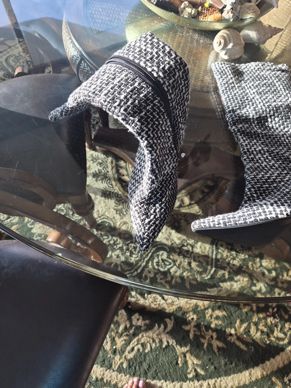 Black & White Tweed Knee-High Pointed Toe Stiletto Boots
